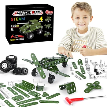 Metal Building Military Series Surinkimo žaislai vaikams STEM dėlionės rinkinys berniukams Karinių orlaivių transporto priemonių modeliai