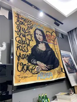 Mona Lisa Graffiti dekoratyvinis pakabinamas audinys Bohemijos paplūdimio kilimėlis Poliesterio antklodė INS meno fonas Jogos kilimėlis Pagrindinis miegamojo kilimas