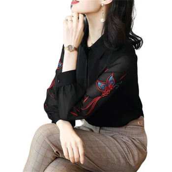 Moteris Pavasario rudens stilius Juodos palaidinės Marškiniai Lady Fashion Casual ilgomis rankovėmis Pasukamos siuvinėjimo palaidinės Tops WY0202