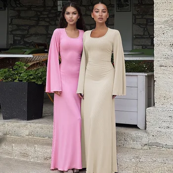Moteriškos suknelės Kvadratinės apykaklės Flare rankovės Vakarėlio suknelė Vestidos Megztinis Laisvas prigludimas Vienspalvis kulkšnies ilgis Pririšimas 2024 m. pavasaris