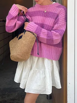 Moterys Violetiniai dryžuoti megztiniai Krepšys ilgomis rankovėmis Ekipažo megztiniai Megztiniai rudeniui Žieminiai gatvės drabužiai lauke