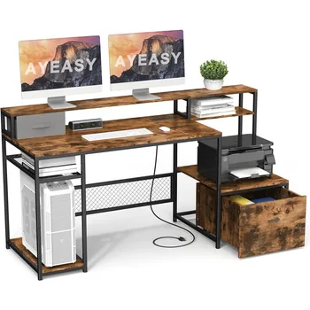 Namų biuro stalas su monitoriaus stovo lentyna, 66 colių didelis kompiuterio stalas su maitinimo lizdu ir USB įkrovimo prievadu