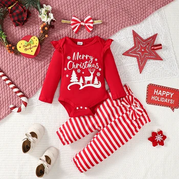 Naujagimio drabužėliai Mergaitės 3Vnt Kalėdiniai drabužiai ilgomis rankovėmis Romper dryžuotos spausdintos kelnės Komplektas Kūdikių vaikų drabužių komplektas