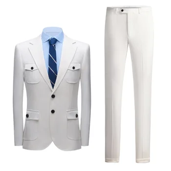 Naujas balto kostiumo dviejų dalių komplektas: medžioklės ar pasirodymo apranga, vyriškas stilingas laisvalaikio stilius, jaunikio vestuvinė suknelė