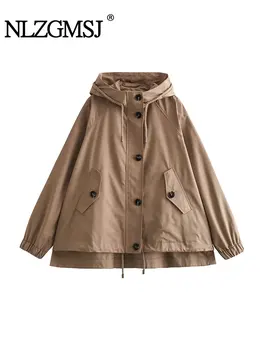 Nlzgmsj TRAF 2024 Moteriški kišeniniai striukės paltai su gobtuvu Viengubas krūtinė Vintažinis ruduo Žiema Priežastinis Laisvas Šiltos viršūnės