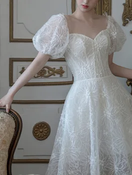 Nėrinių burbulinės rankovės Tuščiavidurė balta suknelė Trumpomis rankovėmis Elegantiškas Gražus ilgas sijonas Moterys 2024 Pavasaris Ruduo X596