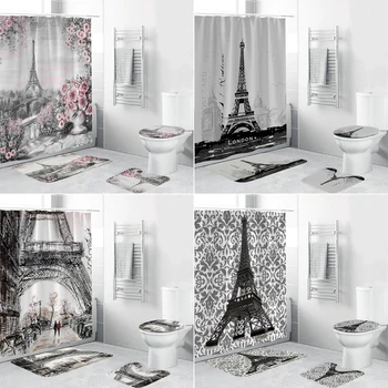 Paryžiaus peizažas Eifelio bokšto dušo užuolaidų komplektas 3D vandeniui atsparūs vonios kambario neslidūs kilimėliai Tualeto dangčio dangčio kilimėlis Namų dekoras