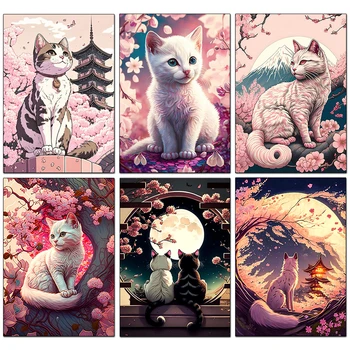 Pasidaryk pats deimantų tapyba Nauja kolekcija 2023 m. Japonų vyšnių katės paveikslas Pilnas deimantų mozaikos siuvinėjimo kryžminio dygsnio rinkiniai Namų dekoras
