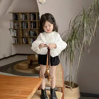 Pavasaris ir ruduo Naujas korėjietiškas stilius Madingi lėlių marškiniai ilgomis rankovėmis Pūstomis rankovėmis Viršus Moliūgų šortai Dviejų dalių komplektas