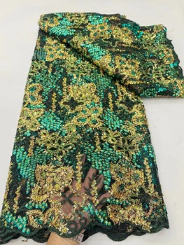 Prabangus afrikietiškas siuvinėjimas Tiulis 5Yards nėrinių tinklelis Blizgučiai Žalio audinio vakarėlių suknelės Audinys moterims Siuvami audiniai Prie metrų