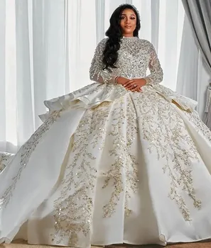 Prabangūs arabiško stiliaus A linijos vestuviniai chalatai ilgomis rankovėmis plius dydžio pūstas traukinys Princesės blizgučiai Vestuvių vakarėlio suknelė