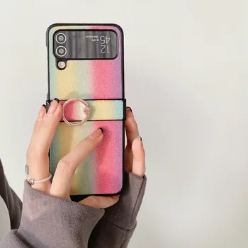 Rainbow Stripes smūgiams atsparus telefono dėklas, skirtas Samsung Galaxy Z Flip 3 4 Flip3 Flip4 5G piršto žiedo sagties laikiklio telefono dėklas