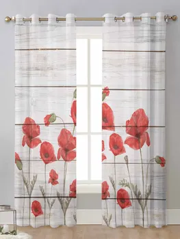 Raudona aguonų gėlė Medinė lenta Vientisos užuolaidos svetainės langui Skaidrus Voile Tiulio užuolaidos Kortinas Užuolaidos Namų dekoras