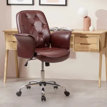 ruda odinė biuro kėdė, kuokštinė akcentinė kėdė, namų biuro stalo kėdė su ratukais, reguliuojama pasukama kėdė su metaliniu pagrindu