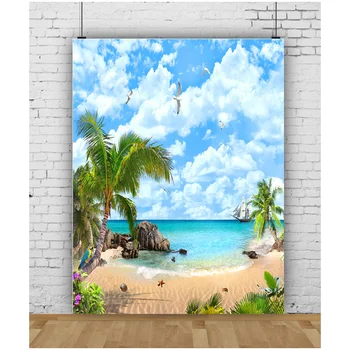 Sandy Beach Holiday Summer Setting Sun Photography Fonas Prop Kokosų medžio kraštovaizdžio langas Foto studijos fonas JK-25