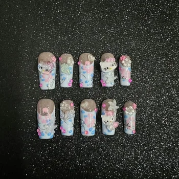 Sanrio Hello Kitty 3D lėlės Starfish Conch rankų darbo nagų dailės nuimamas nagų pleistras nešiojamas viso viršelio netikrų nagų mergaičių dovana