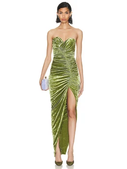 Sexy Strapless High Split Ruched Bodycon Dress Women Green Velvet Folds Free Longer Dress Runway Evening Party