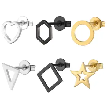 Shuangshuo Minimalistinis nerūdijančio plieno mažų geometrinių auskarų rinkinys moterims Trikampis Širdies ratas Žvaigždžių smeigės auskarai Papuošalai