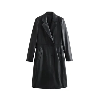 SLTNX TRAF PU Moteriškas ilgas treninginis paltas moterims 2023 m Žiemos prašmatnus dvivietis vėjavaikis Ponios Juodas šiltas Tranšėjos viršutiniai drabužiai