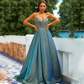 Sparkle Blue Vakarinės suknelės 2021 Moterys Sexy Spaghetti Strap Applique Prom Gown Simple V-Neck A-Line Party Dress chalatai de soirée