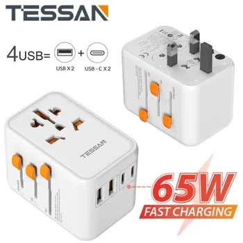 TESSAN 65 W GaN universalus kelioninis adapteris su USB ir C tipo greitojo įkrovimo pasauliniu maitinimo adapteriu ES / JK / JAV / AUS kištukas kelionėms