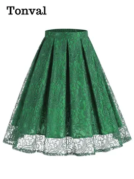 Tonval Retro Elastic Waist Green Solid Nėrinių perdangos plisuotas sijonas moterims 2023 Vintažinio stiliaus midi sijonai elegantiški