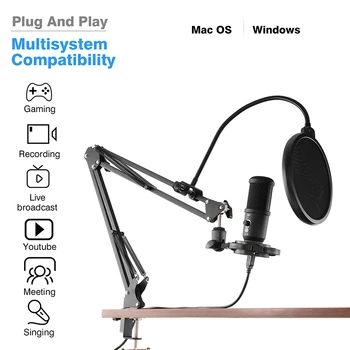 USB Podcast Studio mikrofono įrašymo kondensatoriaus mikrofonas su reguliuojama rankos / žiedo lempute kompiuteriui Karaoke YouTube transliacijos žaidimai