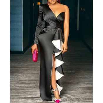 Vakarinės suknelės Moteriška seksuali vakarėlio suknelė su juodu netaisyklingu raukinių kraštų dizainu ir vieno peties oficialia ilga suknele 2023 Nauja