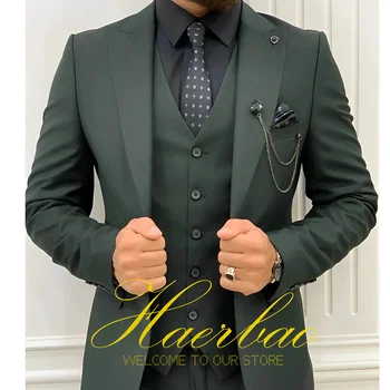 Vestuviniai smokingai Vyriškas kostiumas Peak Lapel Terno Masculino Slim Fit Groom Prom Man Blazer Custom 3 Pieces Striukė Kelnės Liemenė Tamsiai žalia