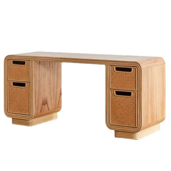 Vintažinis rašomasis stalas su stalčiais, rotango austas nedidelis daiktadėžė, kompiuterio stalas, Šiaurės šalių medžio masyvo namų ūkis