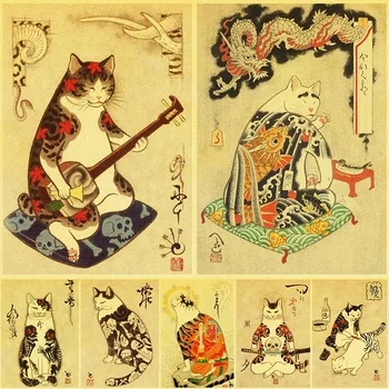 Vintažinė japonų samurajų kačių tatuiruotė Katė Senovinis plakatas Drobė Tapyba Aukštos kokybės nuotraukos Pagrindinis Cuadros dekoravimas