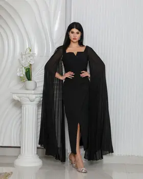 Vintažinės juodos vakarinės suknelės Undinė ilgomis rankovėmis Kulkšnies ilgis Plisuotas šifonas Padalintos oficialios vakarėlių suknelės