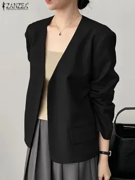 ZANZEA Woman Fashion OL Office Blazer ilgomis rankovėmis V kaklo drabužiai Striukės Rudens elegantiški vienspalviai marškiniai Moteriški vintažiniai paltai